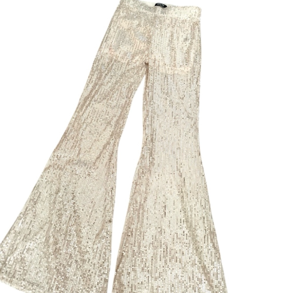 Sequin Flared Women's Pants - Champagne Silver